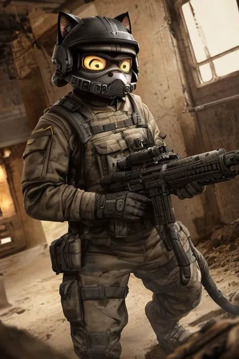 Anthro cat in military uniform, with a Kalashnikov assault rifle in his hands, takes aim at the target, looks through the sight, short fur, black hair, blood, trench, trench, earth, dirt, war, shooting, shootout. ultra realism, photographic graphics, high quality, soldart, attention to detail, (cat ears), black tail, without hope