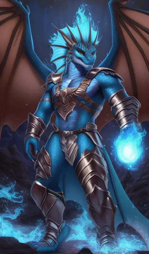 (female:-1.2), dragon, (using skimpy armor:1.4), detailed scales, intricate loincloth, (multicolored body:1.2), fin, wings, blue fire manipulation, masterpiece, best quality, 4k