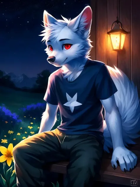 1boy, solo, kid, sit, night, side, stars, flowers, red eyes, t-shirt, pants, detailed background, masterpiece, best quality, white fur