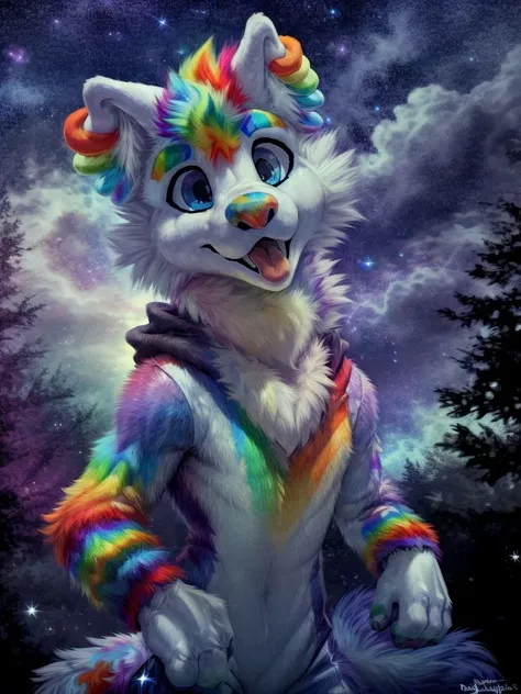 booper, fluffy fur, glistening blue eyes, wolf, rainbow mohawk, rainbow nose, white ears, smile, clothed, hoodie, night sky background, light particles,
stars, night sky, Diego Gisbert Llorens, josan gonzales, dan mumford, masterpiece, (sharp:1.2), shiny, (best quality:0.8), intricate, cinematic light  <lora:BooperNova-v7:1>