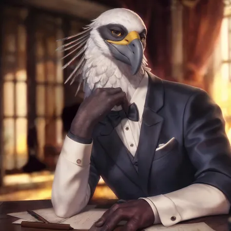 portrait, male secretary bird, detailed feathers, beak, (winged-arms:1.2), wristband, with suit, pose, looking at another, smile, room, by personalami, by tojo the thief, photorealistic, elegant, realistic, masterpiece, 4k, sharp focus, sharp focus