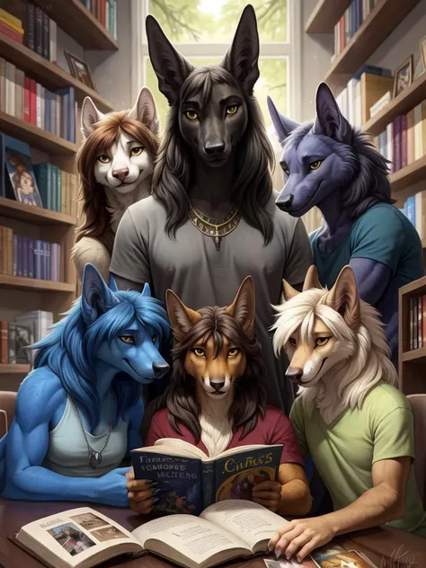 portrait, anubis, wearing shirt, (finger claws), in a comic book shop reading, art, posters, (smile), cinematic lighting, detailed background, by hioshiru, sketch, realistic, by tom fischbach, by ruaidri, by nelly63, by honovy, by hioshiru, by wolflady