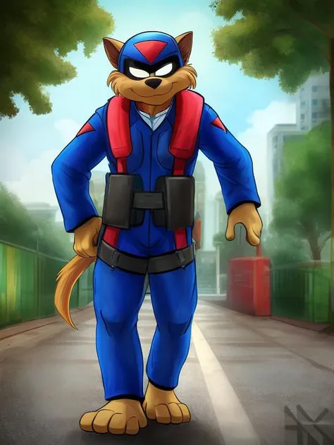 razor, mature male focus, hero clothes, hero outfit, helmet, mask, hero mask, smile, pose, street, day, park, detailed background, barefoot, plantigrade, cosplay, cartoon, 4k, sharp focus <lora:razor-09:1>