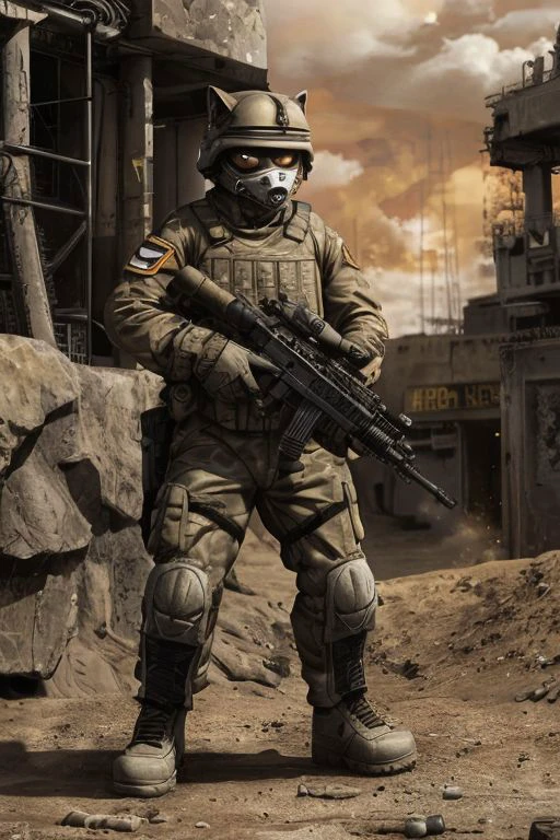 Anthro cat in military uniform, with a Kalashnikov assault rifle in his hands, takes aim at the target, looks through the sight, short fur, black hair, blood, trench, trench, earth, dirt, war, shooting, shootout. ultra realism, photographic graphics, high quality, soldart