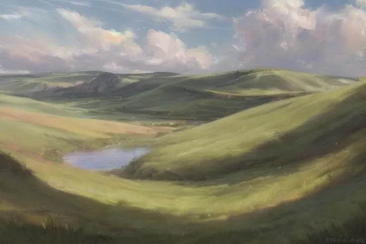 ((((landscape, nature, zero pictured, rolling hills, long grass, clouds, grass, prairie)))), ((by Pino Daeni, by Ruan Jia, by Fumiko, by Levelviolet, by Supplesee)), outside,