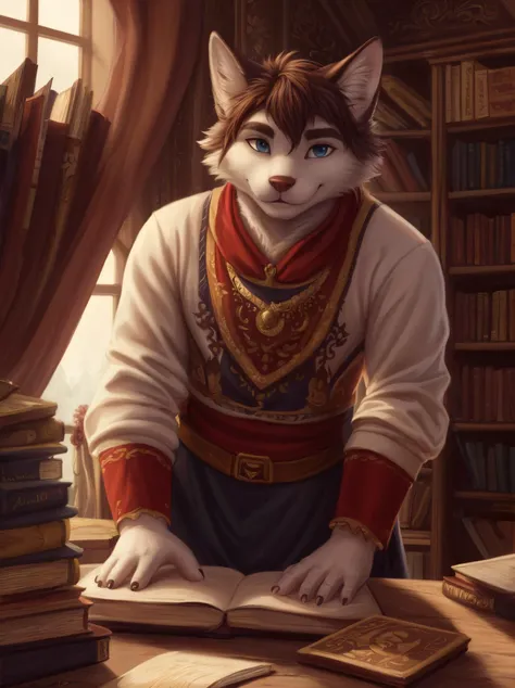 fantasy art, male focus portrait, wolfcat, clothed, eyebrows, colored finger claws, smile, pose, looking at viewer, old room, books, detailed background, day, [by personalami:Andy Kehoe:0.4], elegant, masterpiece, 4k, sharp focus <lora:lcm-lora-sdv1-5:0.65>