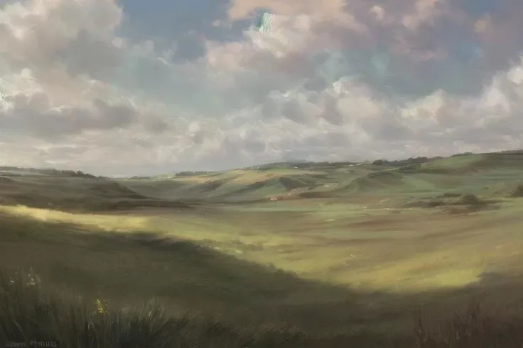 ((((landscape, nature, zero pictured, rolling hills, long grass, clouds, grass, prairie)))), ((by Pino Daeni, by Ruan Jia, by Fumiko, by Levelviolet, by Supplesee)), outside,