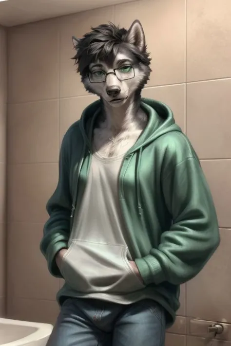 male, man, solo, geeky, nerdy, glasses, skinny, young adult, slim, husky, husky anthro, black and white fur, black hair, short hair, glistening green eyes, ((baggy clothing)), ((green hoodie)), ((baggy jeans)), finger claws, bathroom background, standing in bathroom stall, sharp focus, by taran fiddler, by personalami, photorealistic, cinematic illumination, ((white shirt under hoodie))