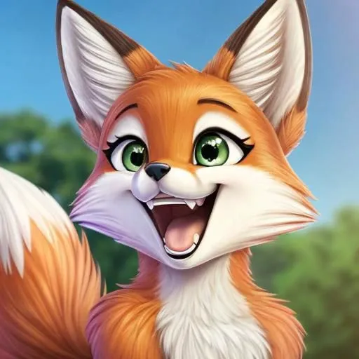 female Fox, head, face, shiny green eyes, eyes wide open, excited, happy grin