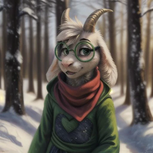 uploaded on e621, ((by Harriet Backer, by S1M, by The Giant Hamster, by Reylia Slaby, by Sabretoothed Ermine, by Supplesee)), ((detailed fluffy fur)), solo, kid, child, (goat), (((white fur))), (red scarf, green robe, green glasses), ((Ralsei)), white hair, cartoon, anthro, (soft shading), 4k, hi res, five fingers, paws, detailed hands, ((detailed face)), (((face portrait))), walking, (detailed background, snow, forest, winter, depth of field, half body shadow, sunlight, ambient light on the body), (masterpiece, best quality, ultra realistic, 4k, 2k, (intricate:0.9), (high detail:1.4), film photography, (soft focus:1.2), RAW photo, photorealistic, analog style, subsurface scattering, photorealism, absurd res)