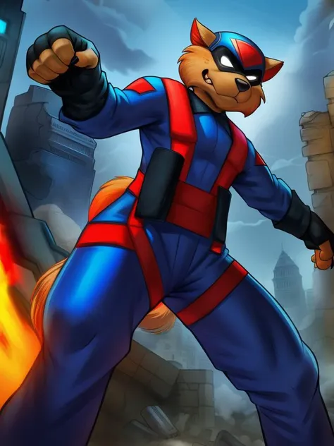low-angle view, male focus, razor, ((detailed face, (detailed eyes:1.0), detailed)), 1boy, full body, plump, five fingers, detailed hands, black gloves, finger claws, tail, hero clothes, hero outfit, helmet, mask, hero mask, angry, (action pose:1.3), cityscape, rubble, war, detailed background, plantigrade, cosplay, cartoon, 4k <lora:razor-09:1>