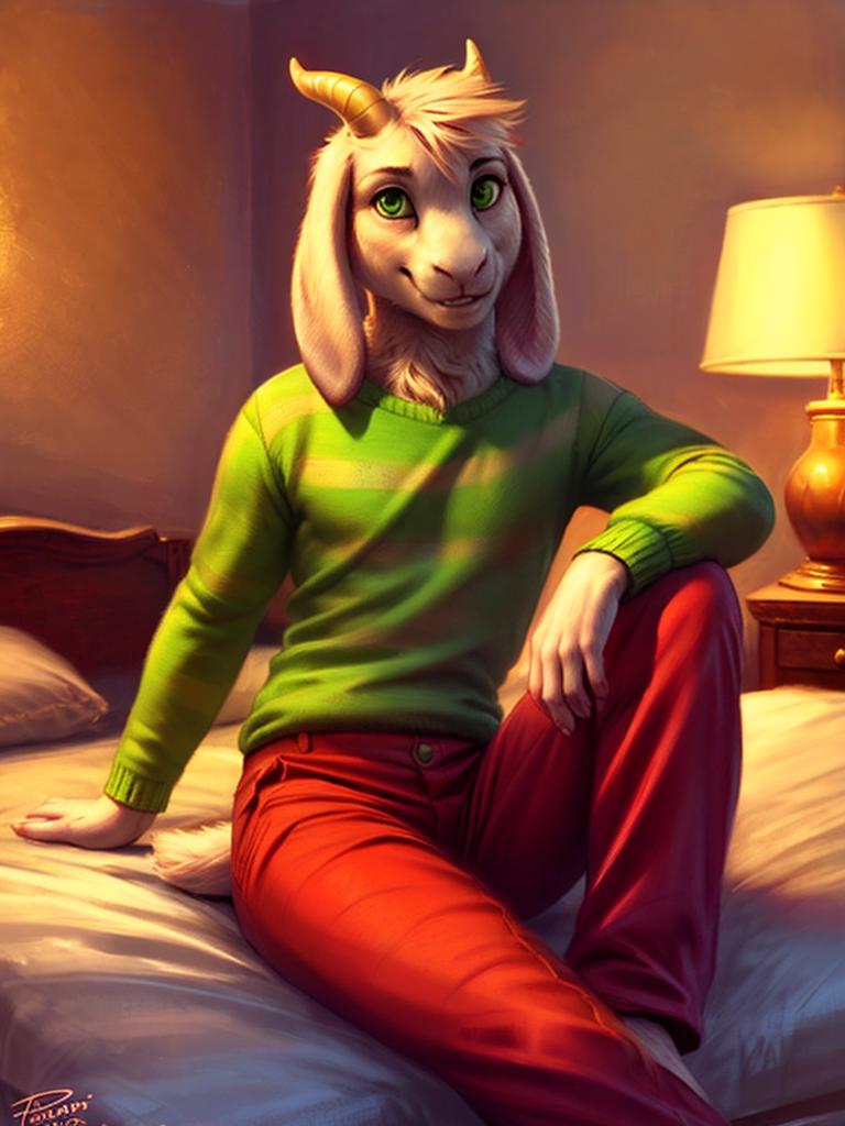 Araffe sitting on a bed with a lamp and a lamp on a table - SeaArt AI