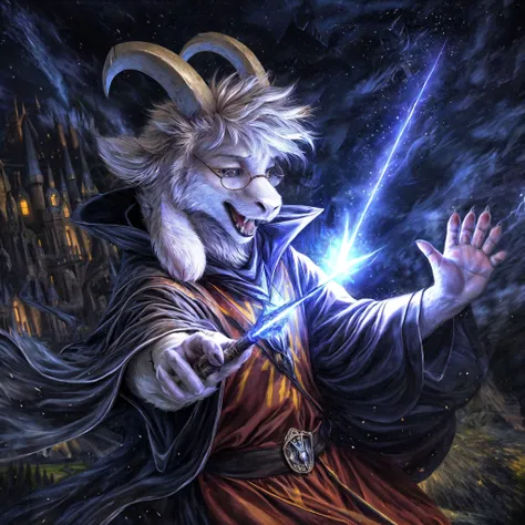 (high detail, film photography, soft focus, RAW candid cinema, photorealism, realistic, photorealistic, analog style, subsurface scattering, masterpiece, best quality, ultra realistic, 8k),
(asriel:1.2, black sclera), fangs, (harry potter, harry potter black wizard robe, crest, round glasses), castle setting, wand, lightning bolt wand, mouth open, dynamic scene, spellcasting,