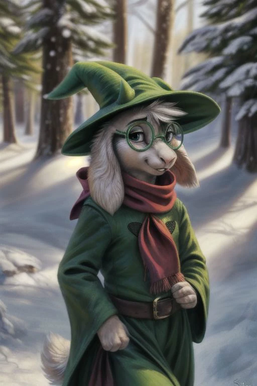 uploaded on e621, ((by Harriet Backer, by S1M, by The Giant Hamster, by Reylia Slaby, by Sabretoothed Ermine, by Supplesee)), ((detailed fluffy fur)), solo, , (goat), (((white fur))), (red scarf, green robe, green glasses), ((Ralsei)), white hair, cartoon, anthro, (soft shading), 4k, hi res, five fingers, paws, detailed hands, ((detailed face)), (((face portrait))), walking, (detailed background, snow, forest, winter, depth of field, half body shadow, sunlight, ambient light on the body), (masterpiece, best quality, ultra realistic, 4k, 2k, (intricate:0.9), (high detail:1.4), film photography, (soft focus:1.2), RAW photo, photorealistic, analog style, subsurface scattering, photorealism, absurd res)