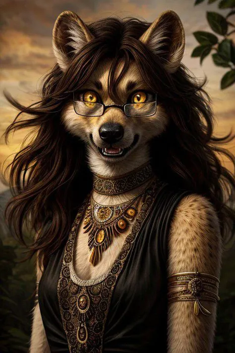 Masterpiece portrait, Best Quality, photorealistic, OverallDetail, perfecteyes, speed painting, Gnoll, Spotted Hyena, Female, {{{black hair}}},(((light Fur))), (((yellow eyes))), angry, {{{messy hair}}},{{{very long hair}}}, monster, intricate clothes, necklace, tribal. (((victorian dress))), flat chest, glasses