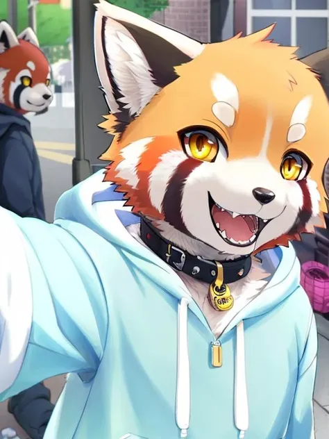 red panda, yellow eyes, candy, clothed, hoodie, collar, jewelry, outside, street, happy, smile, selfie, sharp teeth, kemono, by geppei5959, by kiyosan