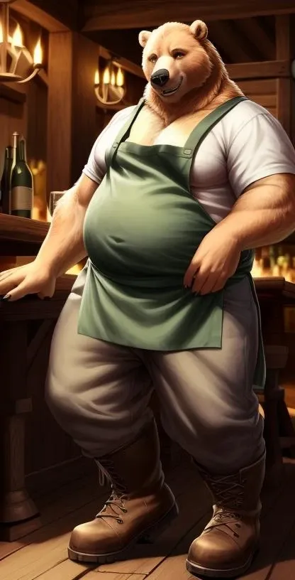 dimly lit, male bear, wearing apron, barkeeper, shirt, pants, boots, slightly chubby, detailed face, looking at viewer, plantigrade, medieval tavern background, kemono, , masterpiece, best quality, ultra realistic, 4k