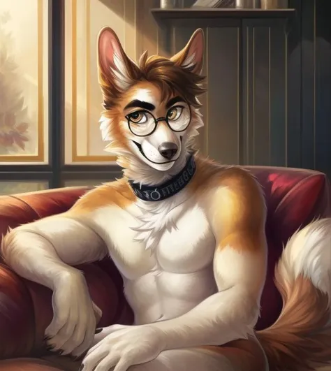 a male anthro dog, detailed dog fur, choker, glasses, smile, intricate, aesthetic, sitting on the sofa, UHD image, extremely detailed fur, insane details, photorealistic, concept art, professional art, masterpiece, detailed face, intricate detail, by baptiste monge, leonid afremov, portrait