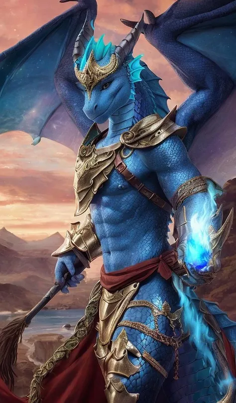 dragon, (using skimpy armor:1.4), detailed scales, intricate loincloth, (multicolored body:1.2), fin, wings, blue fire manipulation, masterpiece, best quality, 4k