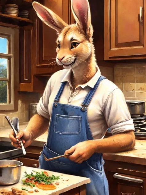 lagomorph, muscular rabbit, white shirt, overalls, happy, in the kitchen cooking, by Kenket, (Sharp focus, masterpiece, 8k, intricate artwork, hyper detailed, high detail)