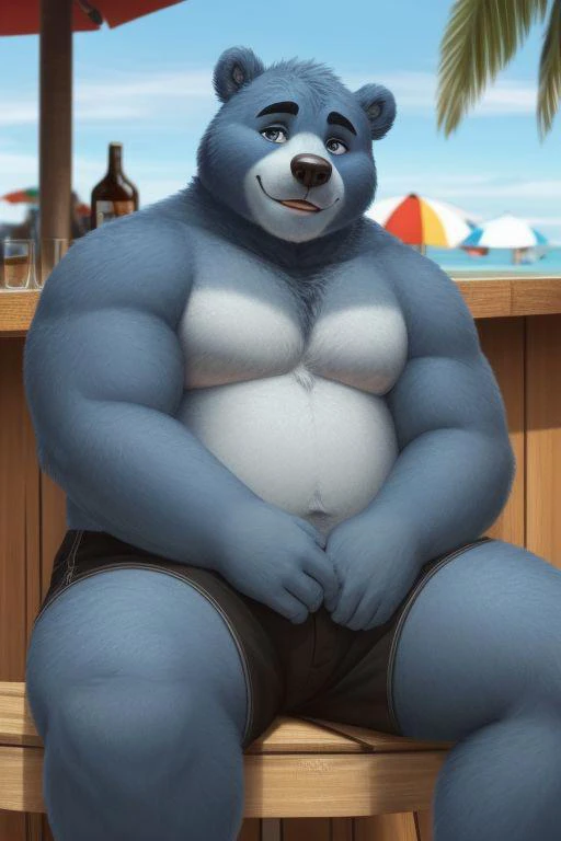 outdoors, BREAK, male, anthro, ((Blue Bear)), (Detailed eyes, detailed face), Bara build, sumo build, head fur, inner ear fluff, (pleasant expression), (slightly chubby), huge body, stocky body, musclegut, thick build, bear body, (solo:1.5), (beach bar background:1.2), sitting down, relaxing
break,
(wearing shorts)