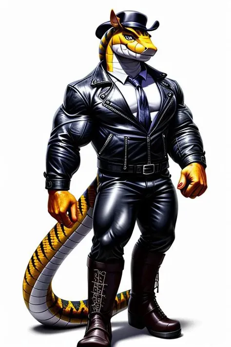 Anthro pointing a finger at viewer, serpent, snake, one hand only of the character points their index finger at viewer, daddy, anthro, muscle, steampunk, leather, kinky, tall, blue, white, long-sleeve, black, leather jacket, leather uniform, leather beret, leather pants, leather tall horse riding boots, booted, complete body, full body, no background, challenge, warm smile, FHD, realism, mischievous