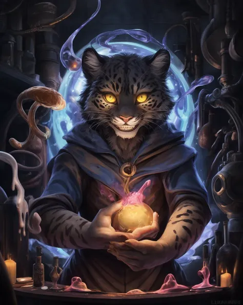 painterly digital painting, male (felid), glowing yellow eyes, (grin), looking at viewer, alchemist mage enchanting potions, dark lab room, colorfull background, dark room, Ilya Kuvshinov, painterly brush strokes, masterpiece
