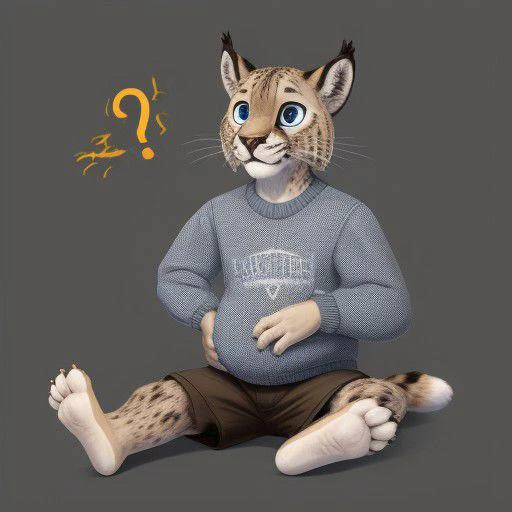 an orange-furred anthropomorphic bobcat with a light-colored muzzle, stomach, and soles, brown-tufted ears, a short tail with a dark tip, clawed hands, and blue eyes. He wears a white T-shirt with a red exclamation mark on it, or alternatively, a jumper.