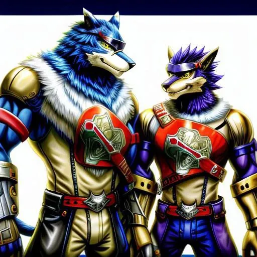 Machgaogamon digimon, masculine, GOLD eyes, Champion belt, Duo, BLACK fur, BLUE fur