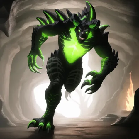 (best quality, masterpiece:1), solo, scalie anthro deathclaw, monster, hunched, (glowing body:1.1), glowing deathclaw, running, (dark cave background:1.1), tail, <lora:deathclaw-v1:1>