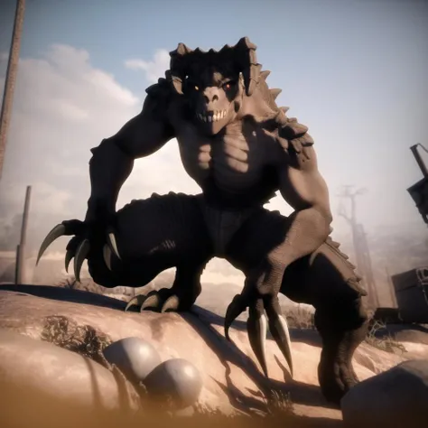 (best quality, masterpiece:1), 3d, unreal engine, solo, scalie anthro deathclaw, empty eyes, no pupils, monster, hunched, crouching, (outdoors apocalyptic wasteland background:1.1), <lora:deathclaw-v1:1>