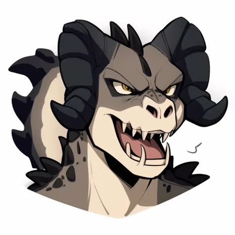 (best quality, masterpiece:1), male scalie anthro deathclaw, chibi, cartoon, flat colors, solo, open mouth, angry, portrait, wide-eyed, looking at viewer, (simple background:1.1), <lora:deathclaw-v1:1>
