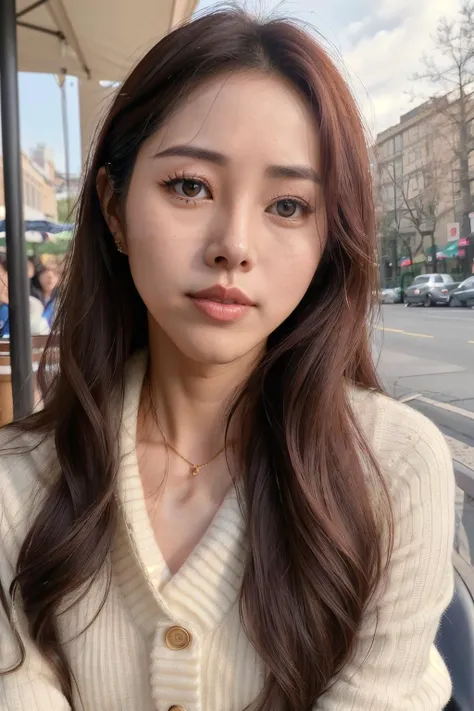 danielleSu1 piercing eyes, looking straight, very happy,long hair, wearing an tan sweater, closeup portrait, in a outdoor cafe in 2015, afternoon light