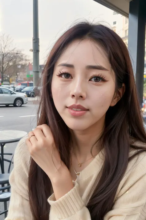 danielleSu1 piercing eyes, looking straight, very happy,long hair, wearing an tan sweater, closeup portrait, in a outdoor cafe in 2015, afternoon light