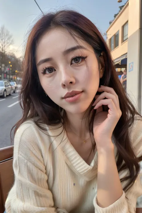 danielleSu1 piercing eyes, looking straight, very happy,long hair, wearing an tan sweater, closeup portrait, in a outdoor cafe in 2015, afternoon light