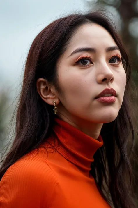 A stunning intricate full color up close portrait of danielleSu1 , wearing a orange turtleneck, epic character composition, by ilya kuvshinov, alessio albi, nina masic, sharp focus, natural lighting, subsurface scattering, f2, 35mm