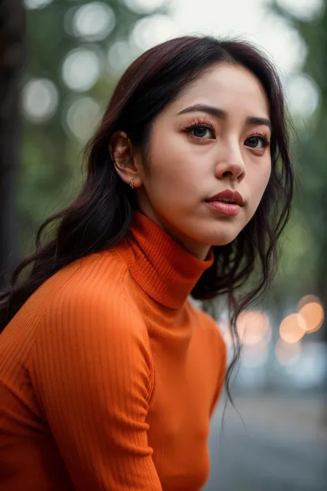 A stunning intricate full color portrait of danielleSu1 , wearing a orange turtleneck, epic character composition, by ilya kuvshinov, alessio albi, nina masic, sharp focus, natural lighting, subsurface scattering, f2, 35mm