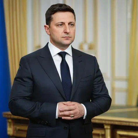 a photo of zelenskyy, ohwx man standing in a suit and tie, facial hair, smile, detailed skin, cinematic <lora:volodymyrzelenskyy_SDXL:0.75>