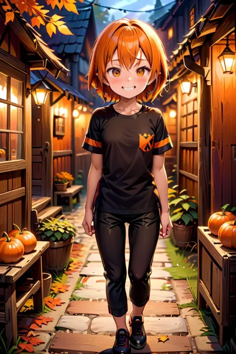 <lora:cutifiedanimecharacterdesign_variant_type_B_SDXL_v10:0.7>
one girl standing alone in a wooden village,  eyes are orange,  hair is short, wearing a t-shirt and black box pants, autumn leaves,
full body, looking at viewer, smile,
The soft lighting and detailed surroundings create an immersive environment where imagination runs wild,
hyper-detailed, high quality visuals, dim Lighting, ultra-realistic, sharply focused, octane render, 8k UHD