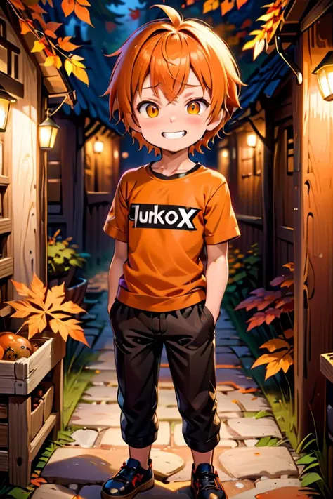 <lora:cutifiedanimecharacterdesign_variant_type_B_SDXL_v10:0.7>
one boy standing alone in a wooden village,  eyes are orange,  hair is short, wearing a t-shirt and black box pants, autumn leaves,
full body, looking at viewer, smile,
The soft lighting and detailed surroundings create an immersive environment where imagination runs wild,
hyper-detailed, high quality visuals, dim Lighting, ultra-realistic, sharply focused, octane render, 8k UHD