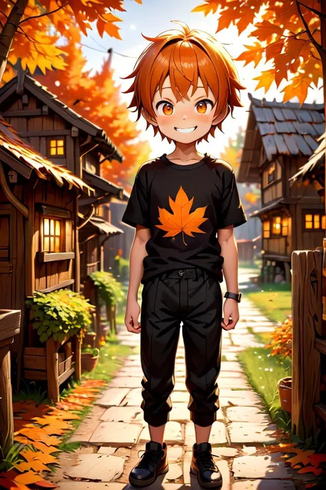 <lora:cutifiedanimecharacterdesign_variant_type_B_SDXL_v10:0.7>
one boy standing alone in a wooden village,  eyes are orange,  hair is short, wearing a t-shirt and black box pants, autumn leaves,
full body, looking at viewer, smile,
The soft lighting and detailed surroundings create an immersive environment where imagination runs wild,
hyper-detailed, high quality visuals, dim Lighting, ultra-realistic, sharply focused, octane render, 8k UHD