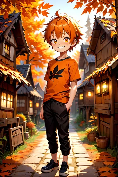 <lora:cutifiedanimecharacterdesign_variant_type_B_SDXL_v10:0.7>
one boy standing alone in a wooden village,  eyes are orange,  hair is short, wearing a t-shirt and black box pants, autumn leaves,
full body, looking at viewer, smile,
The soft lighting and detailed surroundings create an immersive environment where imagination runs wild,
hyper-detailed, high quality visuals, dim Lighting, ultra-realistic, sharply focused, octane render, 8k UHD