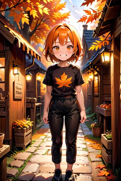 <lora:cutifiedanimecharacterdesign_variant_type_B_SDXL_v10:0.7>
one girl standing alone in a wooden village,  eyes are orange,  hair is short, wearing a t-shirt and black box pants, autumn leaves,
full body, looking at viewer, smile,
The soft lighting and detailed surroundings create an immersive environment where imagination runs wild,
hyper-detailed, high quality visuals, dim Lighting, ultra-realistic, sharply focused, octane render, 8k UHD