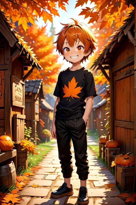 <lora:cutifiedanimecharacterdesign_variant_type_B_SDXL_v10:0.7>
one boy standing alone in a wooden village,  eyes are orange,  hair is short, wearing a t-shirt and black box pants, autumn leaves,
full body, looking at viewer, smile,
The soft lighting and detailed surroundings create an immersive environment where imagination runs wild,
hyper-detailed, high quality visuals, dim Lighting, ultra-realistic, sharply focused, octane render, 8k UHD