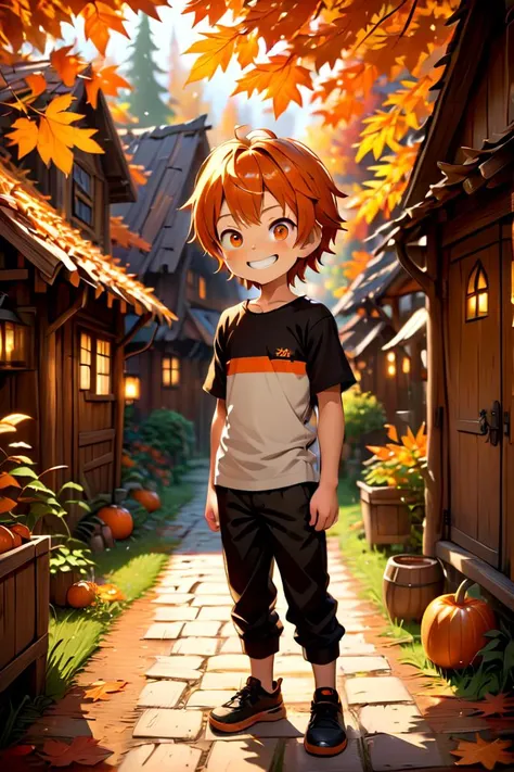 <lora:cutifiedanimecharacterdesign_variant_type_B_SDXL_v10:0.7>
one boy standing alone in a wooden village,  eyes are orange,  hair is short, wearing a t-shirt and black box pants, autumn leaves,
full body, looking at viewer, smile,
The soft lighting and detailed surroundings create an immersive environment where imagination runs wild,
hyper-detailed, high quality visuals, dim Lighting, ultra-realistic, sharply focused, octane render, 8k UHD