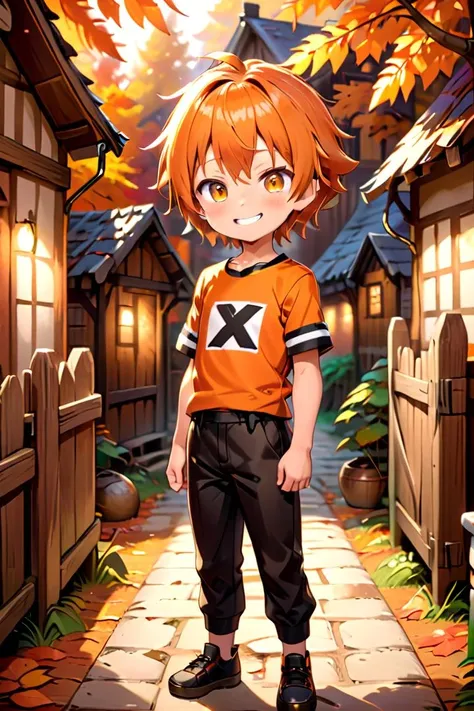 <lora:cutifiedanimecharacterdesign_variant_type_B_SDXL_v10:0.7>
one boy standing alone in a wooden village, eyes are orange, hair is short, wearing a t-shirt and black box pants, autumn leaves,
full body, looking at viewer, smile,
The soft lighting and detailed surroundings create an immersive environment where imagination runs wild,
hyper-detailed, high quality visuals, dim Lighting, ultra-realistic, sharply focused, octane render, 8k UHD