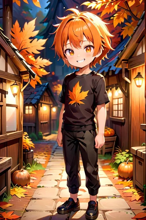 <lora:cutifiedanimecharacterdesign_variant_type_B_SDXL_v10:0.7>
one boy standing alone in a wooden village, eyes are orange, hair is short, wearing a t-shirt and black box pants, autumn leaves,
full body, looking at viewer, smile,
The soft lighting and detailed surroundings create an immersive environment where imagination runs wild,
hyper-detailed, high quality visuals, dim Lighting, ultra-realistic, sharply focused, octane render, 8k UHD