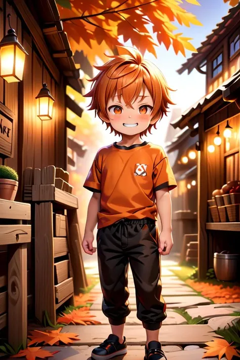 <lora:cutifiedanimecharacterdesign_variant_type_B_SDXL_v10:0.7>
one boy standing alone in a wooden village, eyes are orange, hair is short, wearing a t-shirt and black box pants, autumn leaves,
full body, looking at viewer, smile,
The soft lighting and detailed surroundings create an immersive environment where imagination runs wild,
hyper-detailed, high quality visuals, dim Lighting, ultra-realistic, sharply focused, octane render, 8k UHD