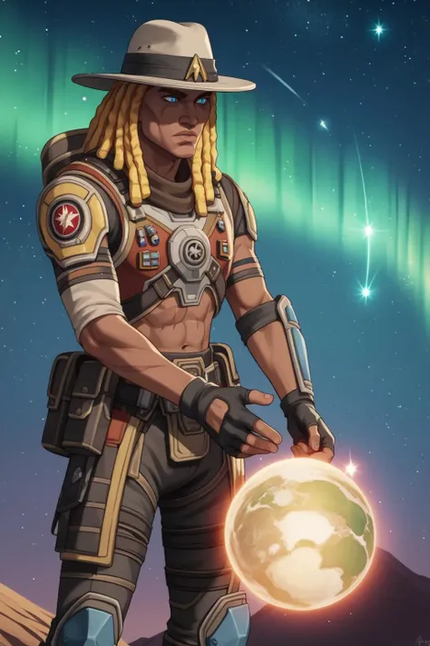 PonyXLV6_Scores , 1boy, armor, aurora, blonde hair, blue eyes, earth \(planet\), fingerless gloves, gloves, hat, male focus, night, night sky, planet, scar, shooting star, solo, space, star \(sky\), starry sky, blonde hair, dark skin, dark skinned male, dreadlocks, african heritage, ap1zxnv <lora:ApexLegendsPDXL:1>