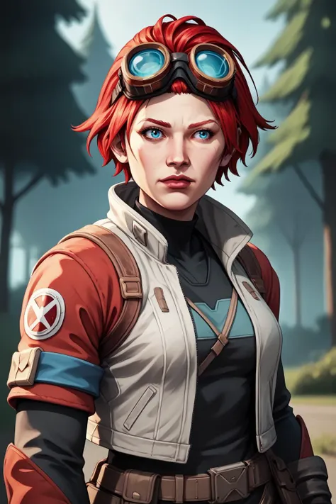 PonyXLV6_Scores , 1girl, armband, blue eyes, blurry, blurry background, blurry foreground, day, depth of field, eyewear on head, gloves, goggles, goggles on head, jacket, lips, outdoors, red hair, short hair, solo, tree, upper body, ap1zxnv , <lora:ApexLegendsPDXL:1>